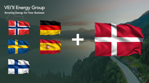 Norwegian flag, swedish flag, finish flag, spainien flag, germany flagg and danish flag waving in the wind.