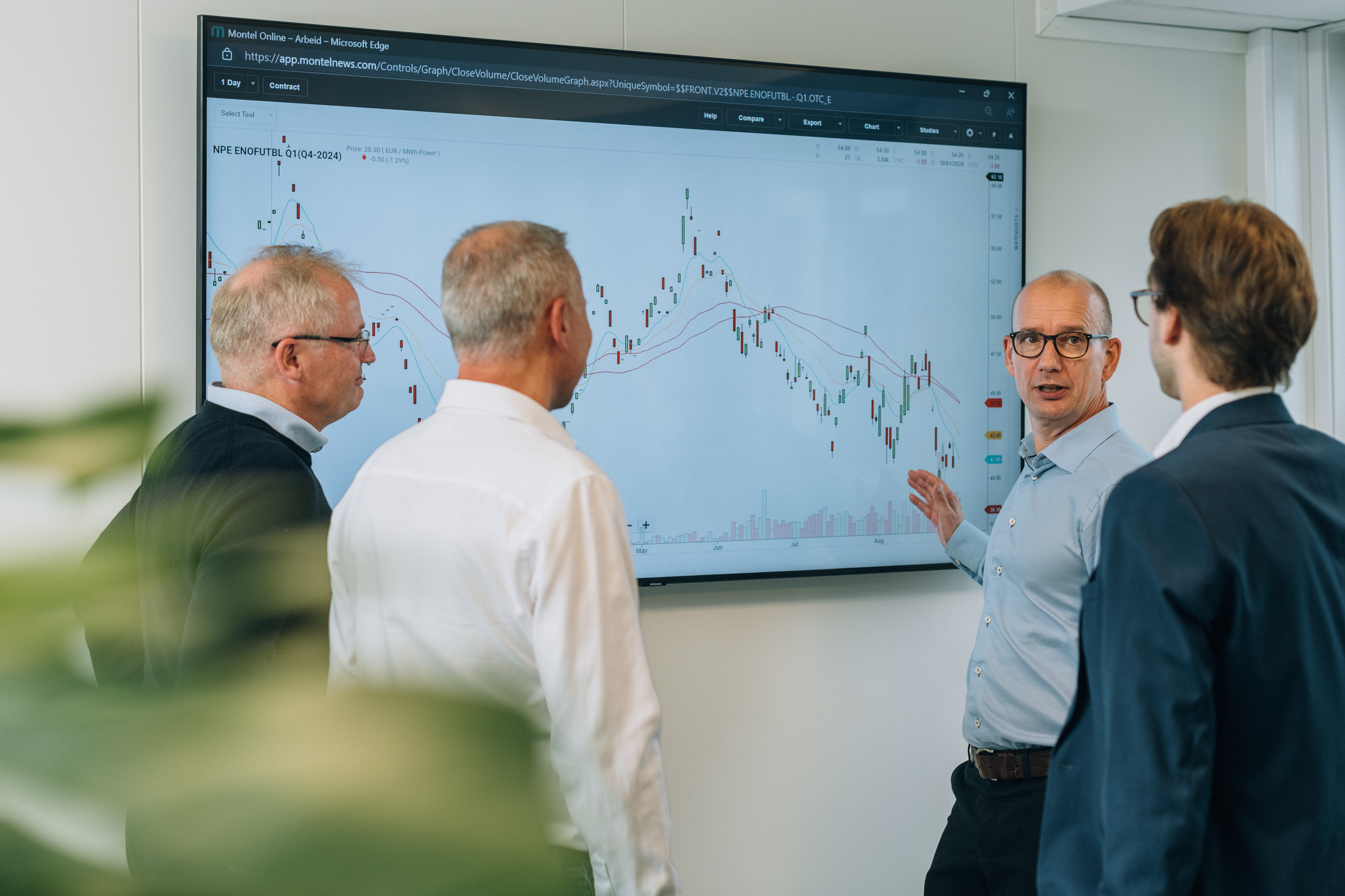 Our hedging department having a standing discussion in front of tv showcasing graph on electricity prices