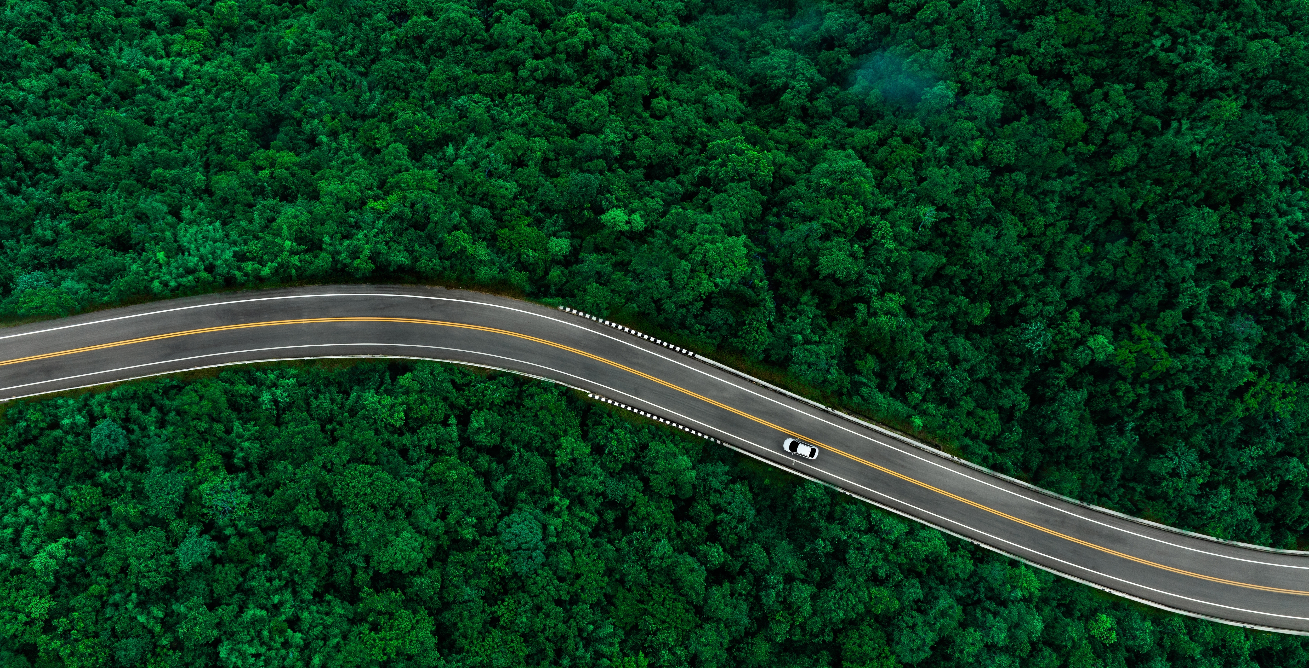 Top view of a road running through a forrest of green treetops with a single white car on the road
